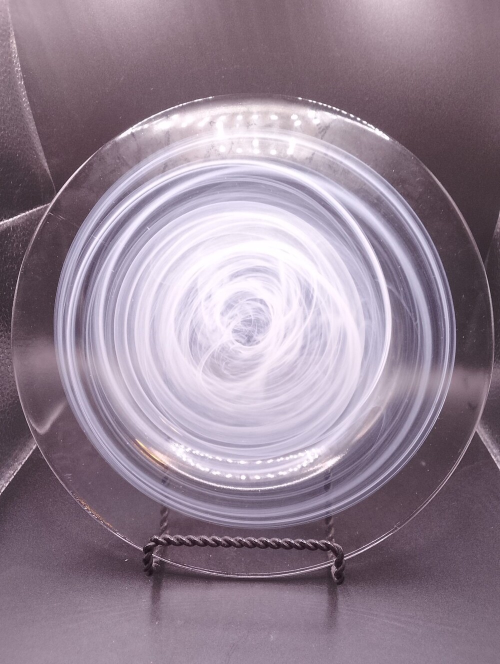 Clear Swirl Art Glass candle Plate 9” White Modern Minimalist